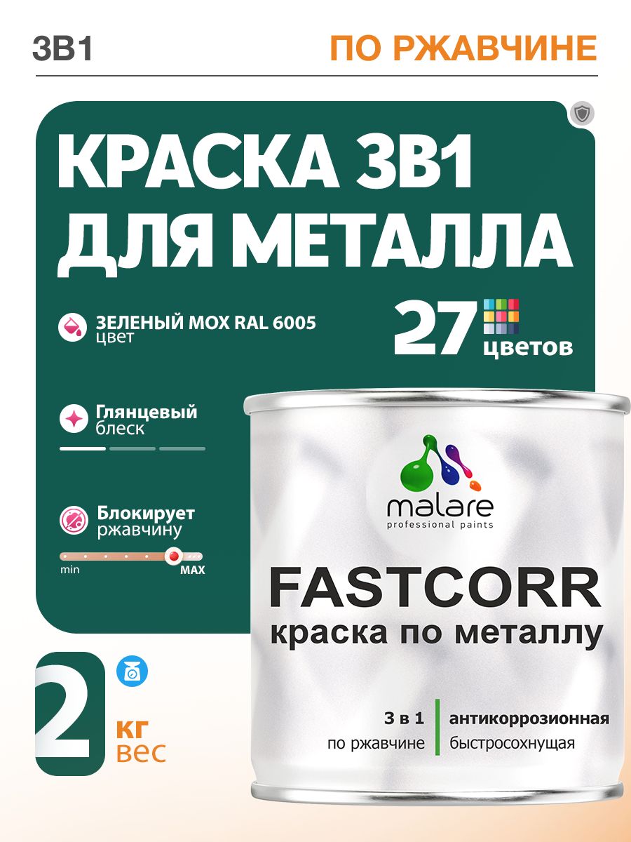 Краска для металла по ржавчине Malare FastCorr, для наружных работ износостойкая, быстросохнущая RAL 6005 зелёный мох, глянцевая, 2 кг