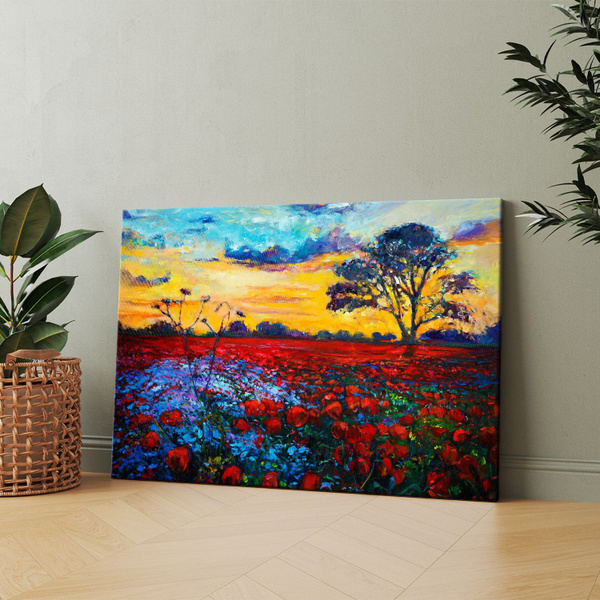 Картина на холсте (Картина поля с маками и деревьями) 50x70 см ...