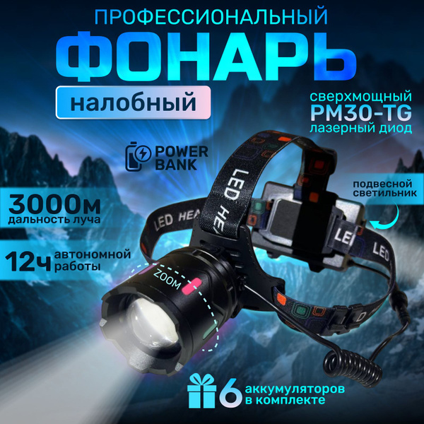 Фонарь налобный аккумуляторный Rus store светодиодный фонарь с зумом ...