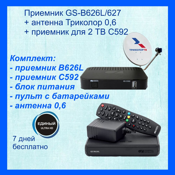 Комплект Триколор на 2 тв GS B523L/B623L/B626L + С592 + антенна 0.6 с ...