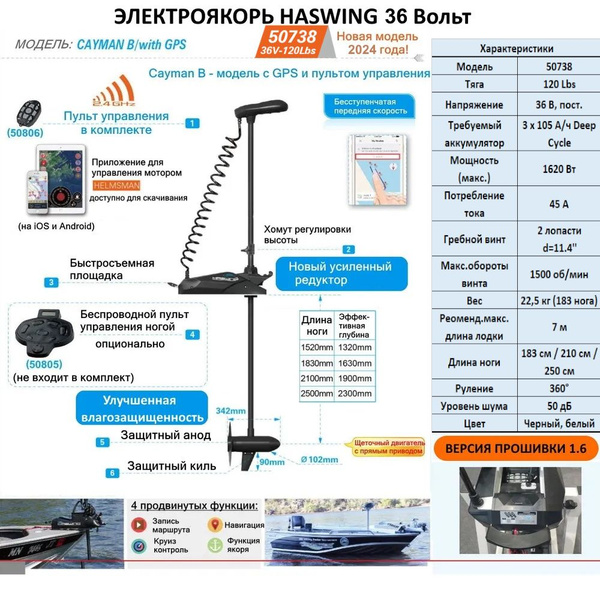 Лодочный электромотор (электроякорь) Haswing Cayman B с GPS, 36 вольт ...