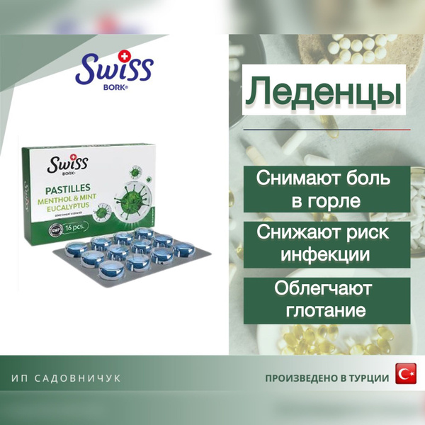 Пастилки от боли в горле Menthol & Mint Eucalyptus, Swiss bork, 16 шт ...