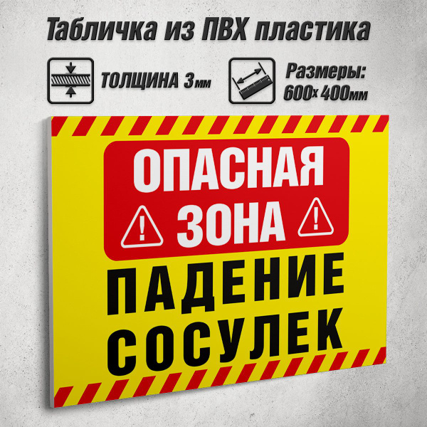 Информационная табличка "Опасная зона! Падение сосулек" / 60x40 см., 60 ...