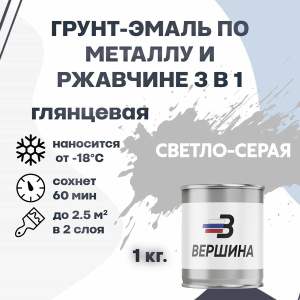 Грунт-эмаль 3 в 1 глянцевая по металлу и ржавчине ВЕРШИНА краска светло ...