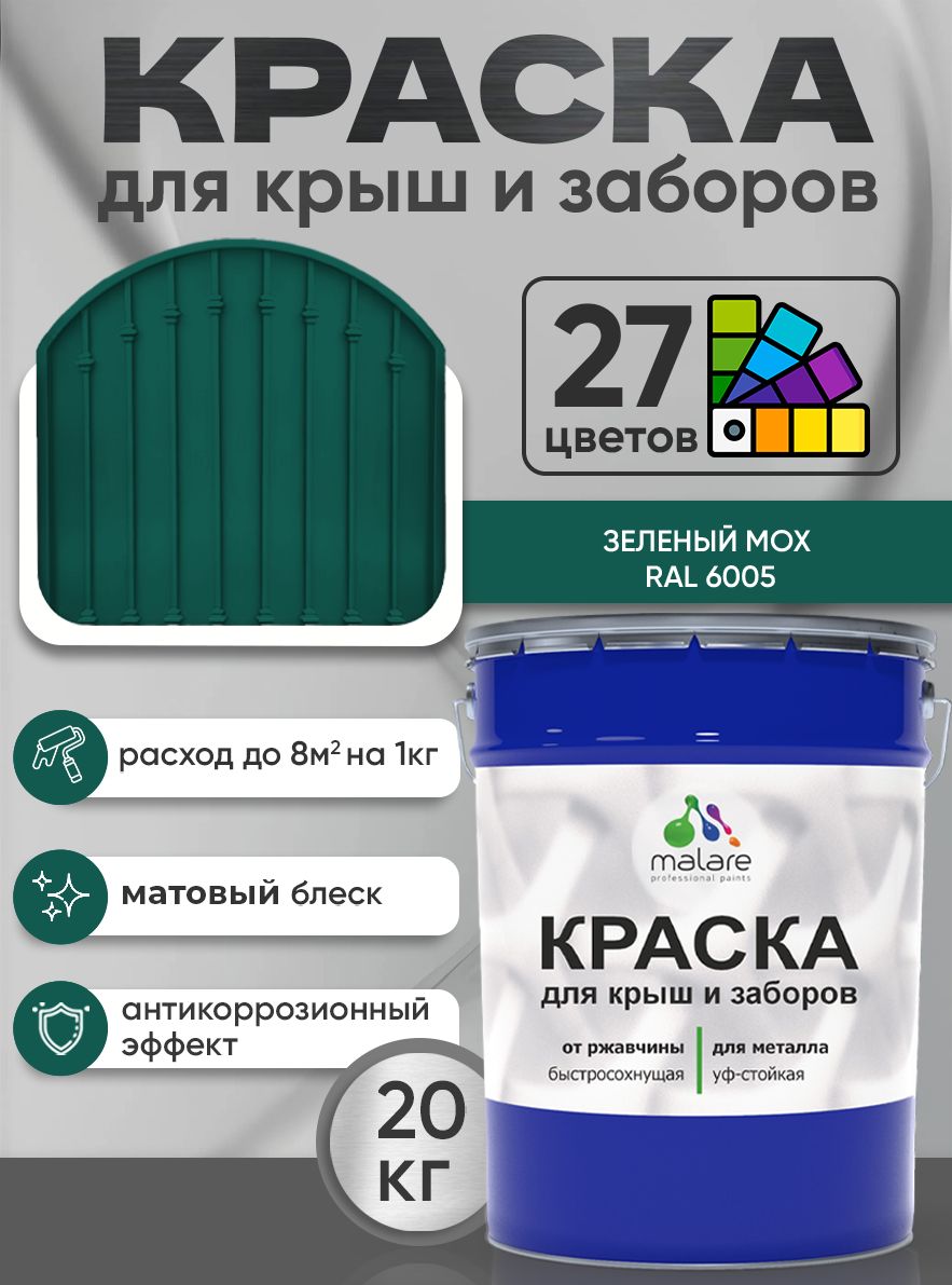 Краска по металлу Malare для крыш и заборов по ржавчине, для наружных работ, быстросохнущая износостойкая RAL 6005 зелёный мох, матовая, 20 кг