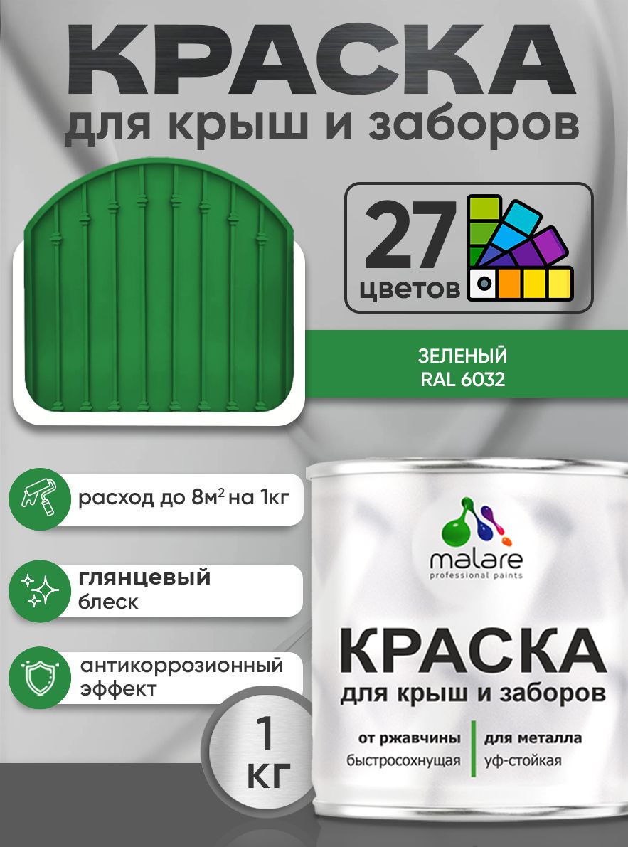 Краска по металлу Malare для крыш и заборов по ржавчине, для наружных работ, быстросохнущая износостойкая RAL 6032 зеленый, глянцевая, 1 кг