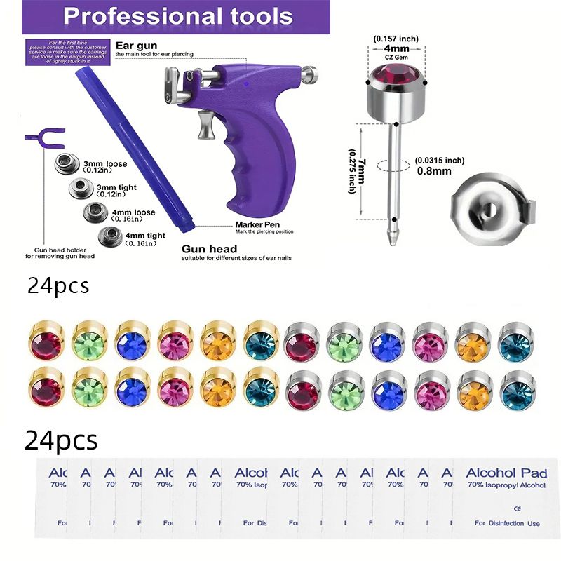 Набор профессиональных многоразовых пистолетов для прокалывания ушей + 24 шпильки для пирсинга для коммерческого использования
