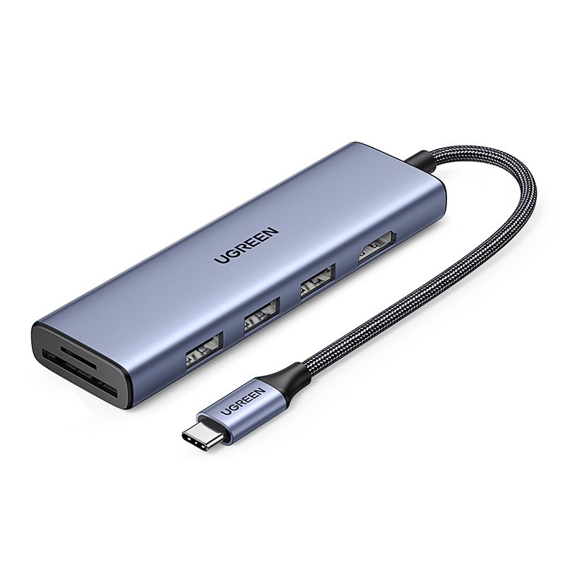 АдаптерUGREENCM511(20956A)Revodok6-in-1USB-CtoHDMI&USB3.0*3&SD/TFAdapter.Цвет:серый