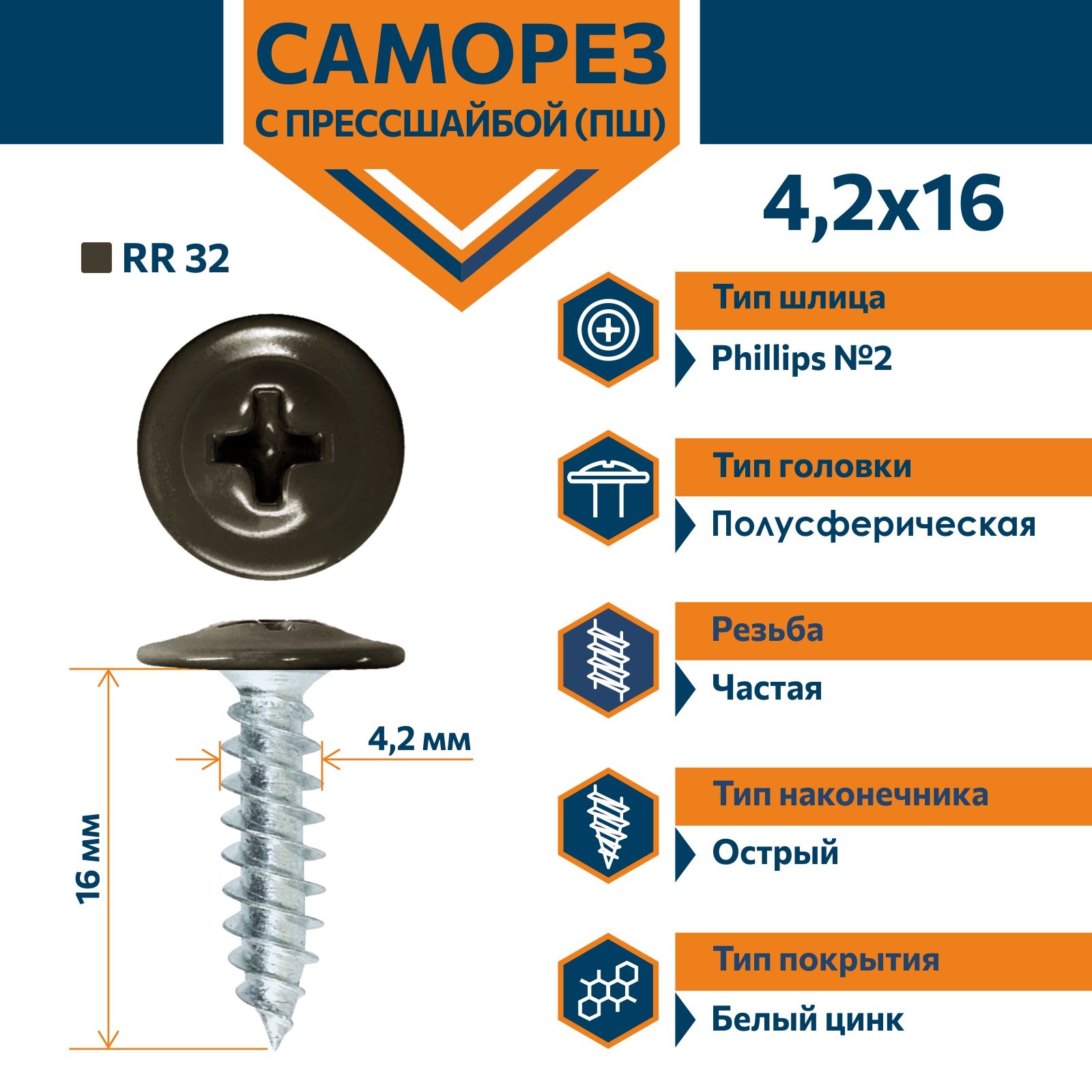 СаморезRizzelПШспрессшайбойострый4,2х16RR32(1000шт)