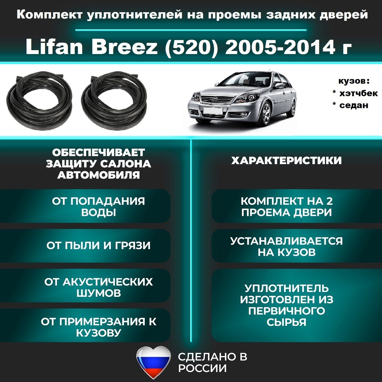 Комплект уплотнителей проема задних дверей подходят на Lifan Breez (520) 2005-2014 г./ Лифан Бриз - 2 шт