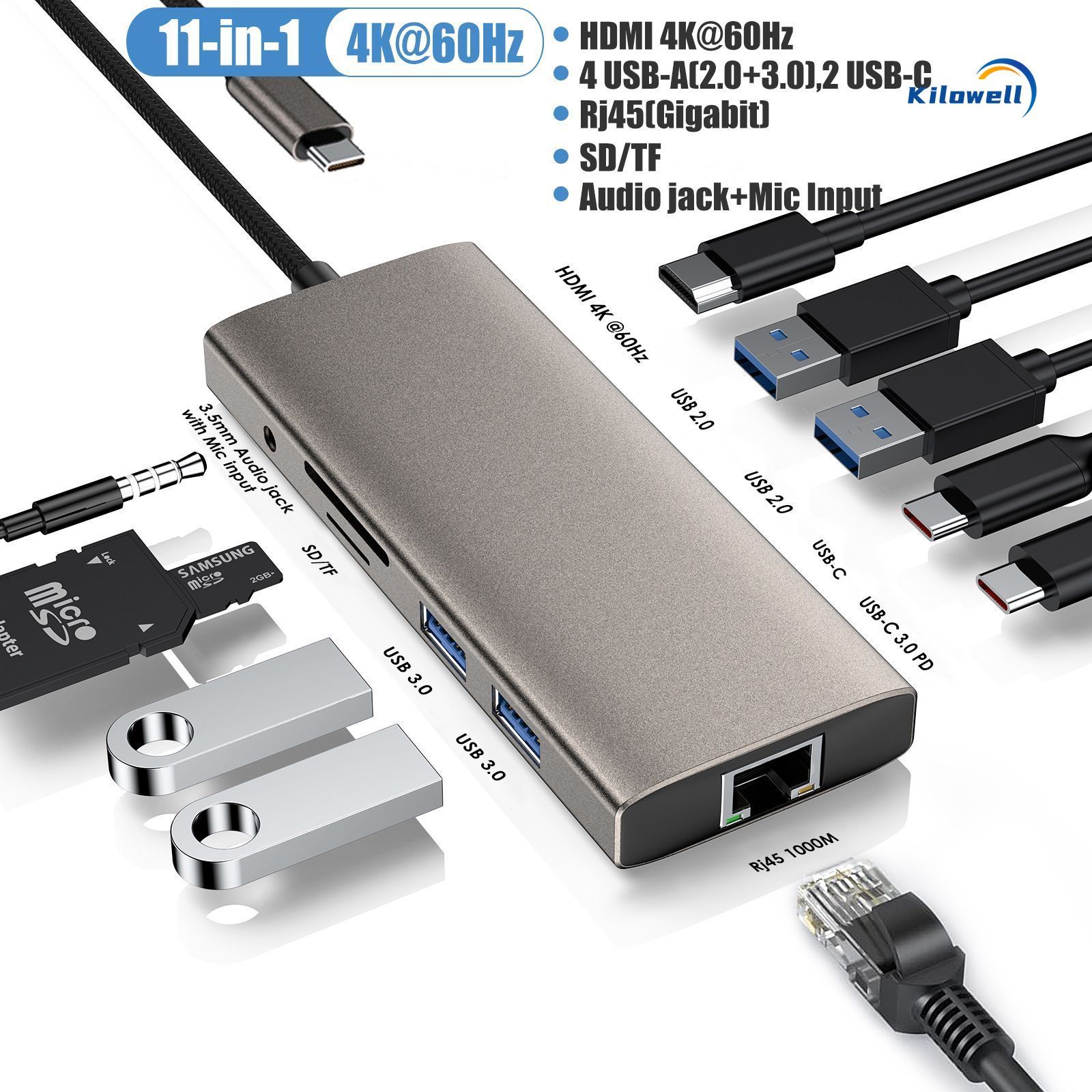 Kilowell док станция для ноутбука USB Type C 11-IN-1 с USB-A 3.0 и USB 2.0  Аудиоразъем с микрофоном 4K 60Hz HDMI Слот для карты TF/MicroSD Ноутбук PD  ...