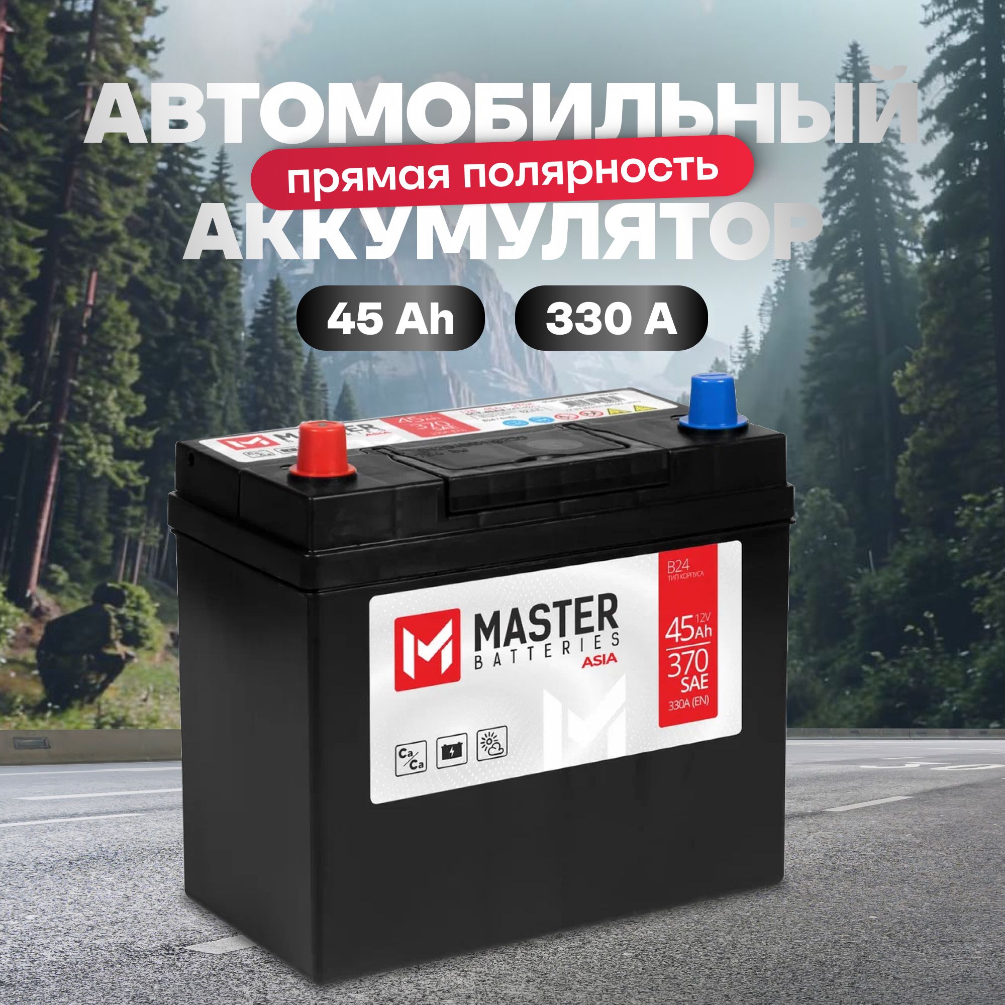 Аккумулятор автомобильный 12v 45 Ah MASTER BATTERIES Asia 45 Ач 330 А прямая полярность 237x127x225 стартерный акб для автомобиля, машины