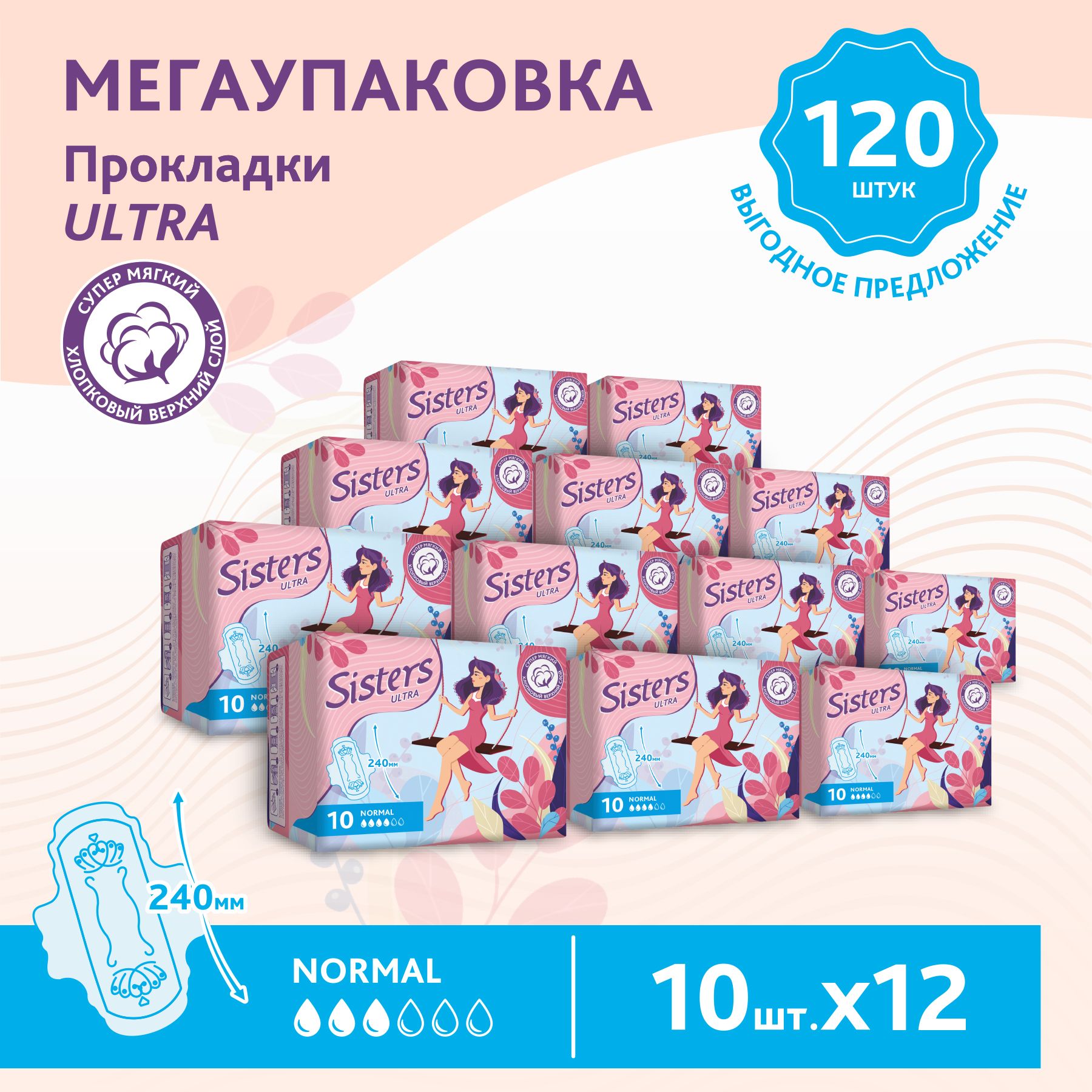 Прокладки женские гигиенические Sisters Ultra Normal мягкая поверхность, 10 х 12шт/ 120 шт