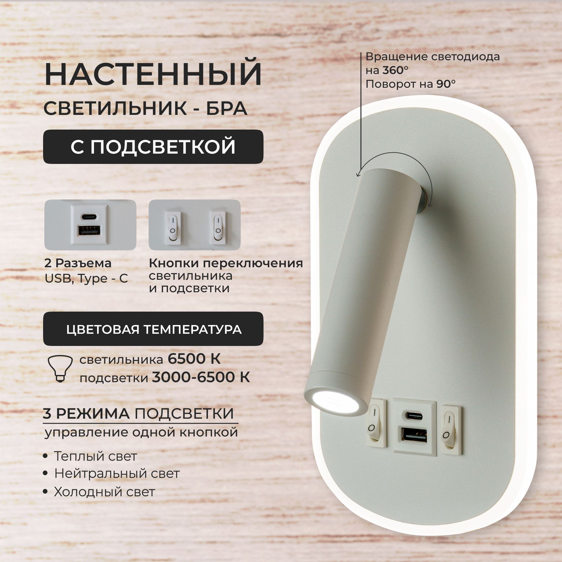 Бра настенные прикроватный с выключателем, подсветкой и USB Type-C