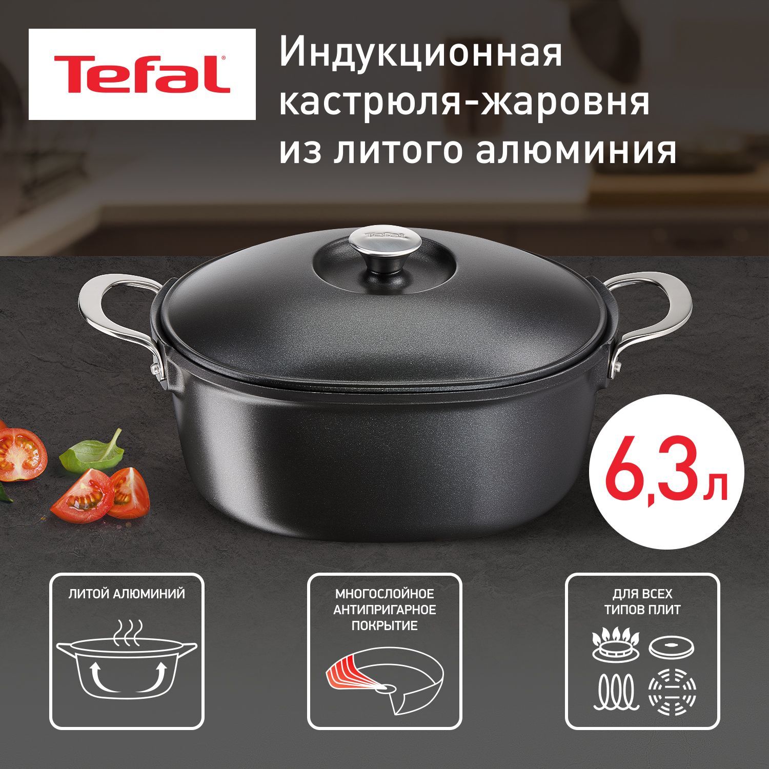 Кастрюля Tefal, Литой алюминий, 6,1 л - купить по выгодной цене в  интернет-магазине OZON.ru (1139698490)