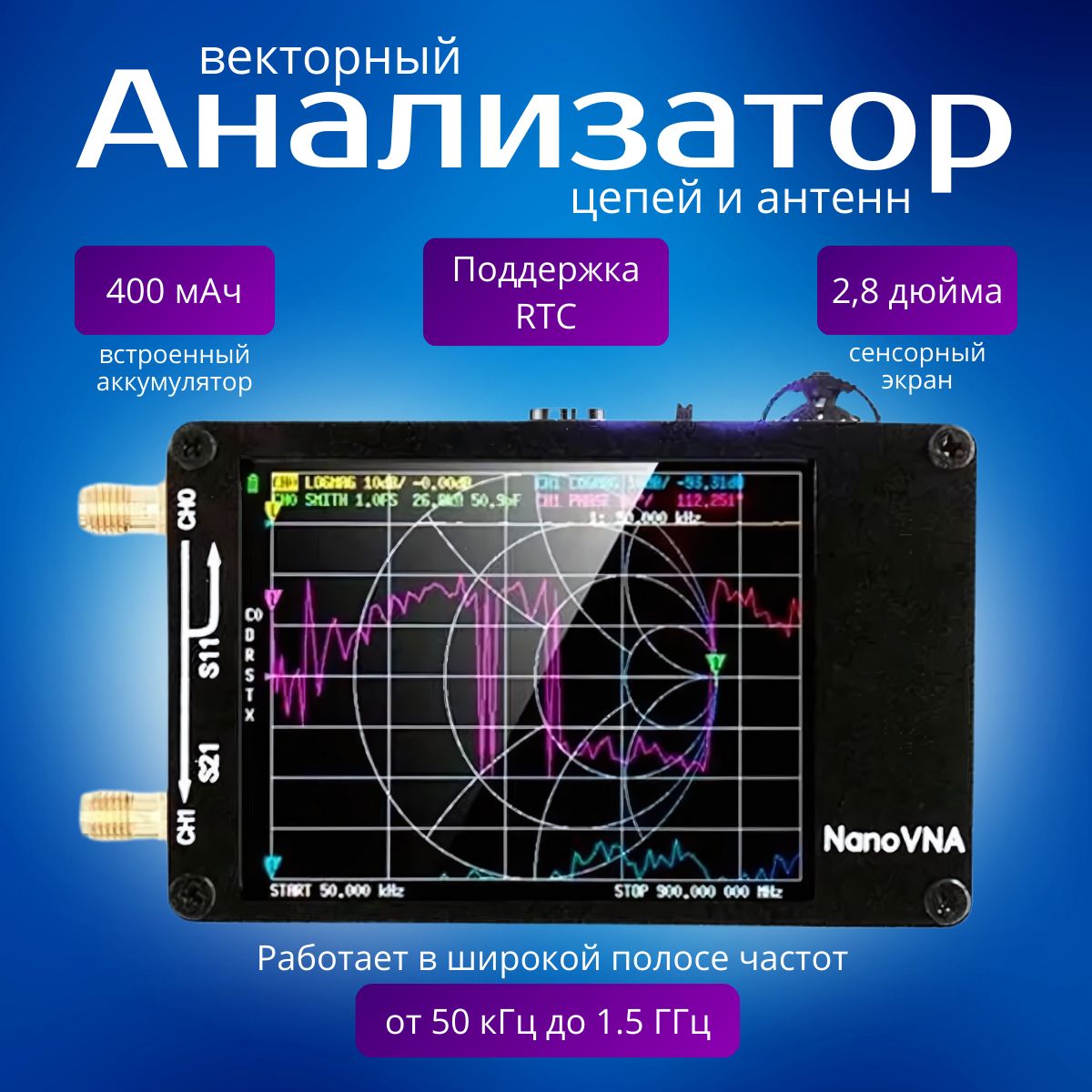 Сетевой векторный анализатор цепей и антенн 10 кгц-1.5 ГГц, NanoVNA цифровой тестер со слотом для SD-карты и встроенным аккумулятором