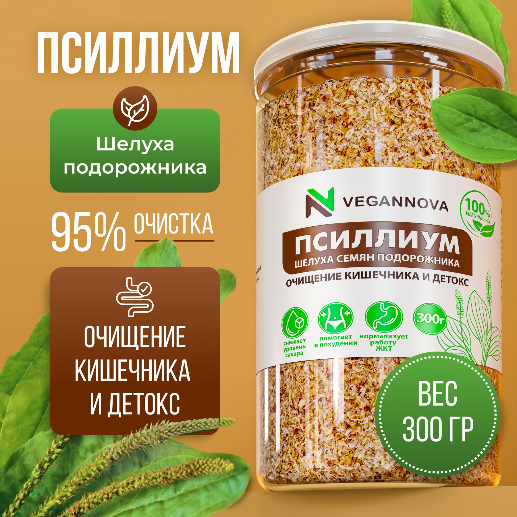 VeganNova Псиллиум шелуха подорожника Клетчатка, банка, 300 г