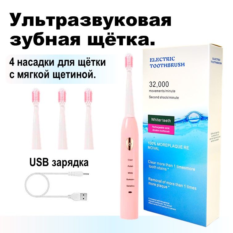 Электрическая зубная щетка. Розовая. С 4 насадками и золотой кнопкой.