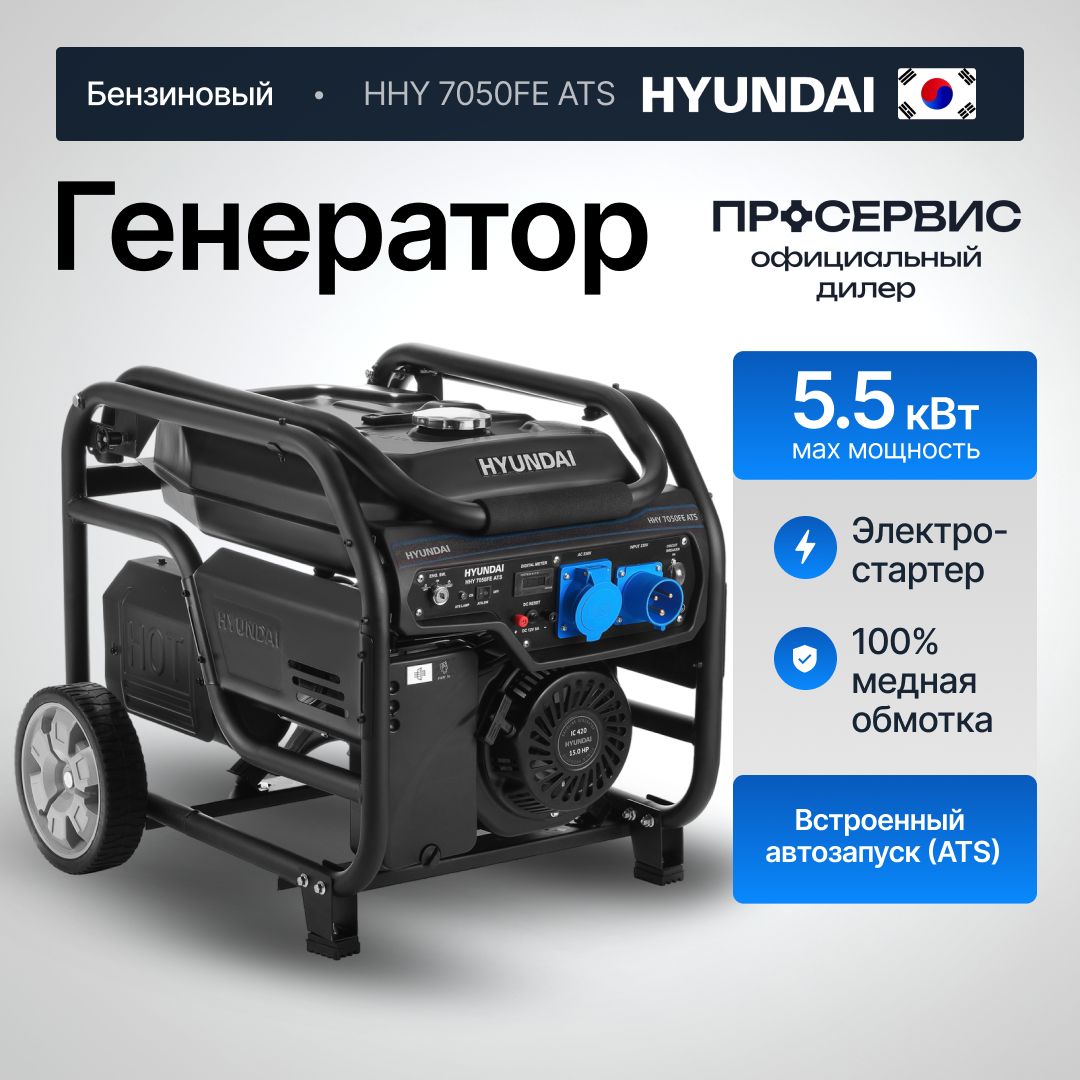 ГенераторбензиновыйHyundaiHHY7050FEATS5,5кВт230В,15л.савтозапуск,электростартер,ручнойзапускпортативнаяэлектростанциядлячастногодома94кг