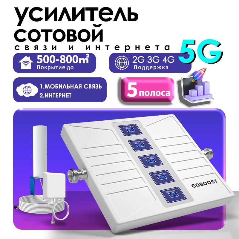 Усилитель сигнала 2G 3G 4G 5G, ретранслятор сотового телефона 5 диапазона, 800 900 1800 2100 2600 80 дБ 1000 км