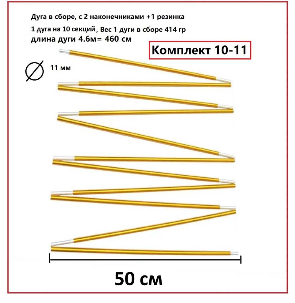 Дуги для палаток алюминиевые 11 мм, комплект из десяти шт в сборе, каркас для туристической палатки 4.6 м