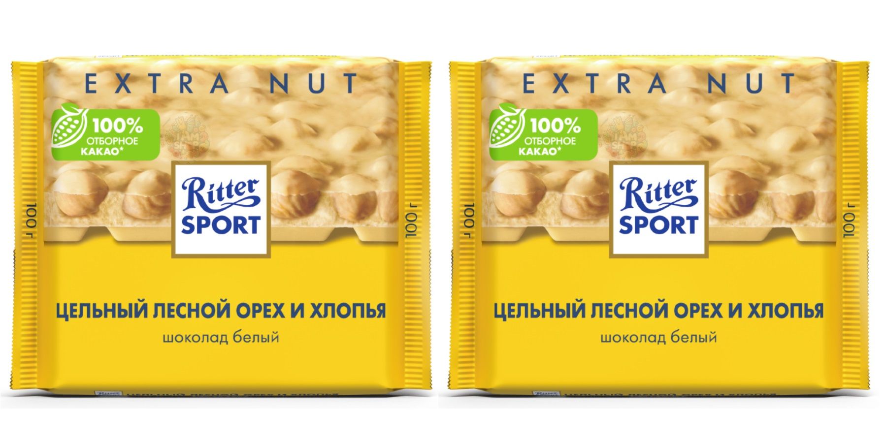 Шоколад Ritter Sport белый с цельным лесным орехом и хлопьями 2 уп по 100 г, Германия