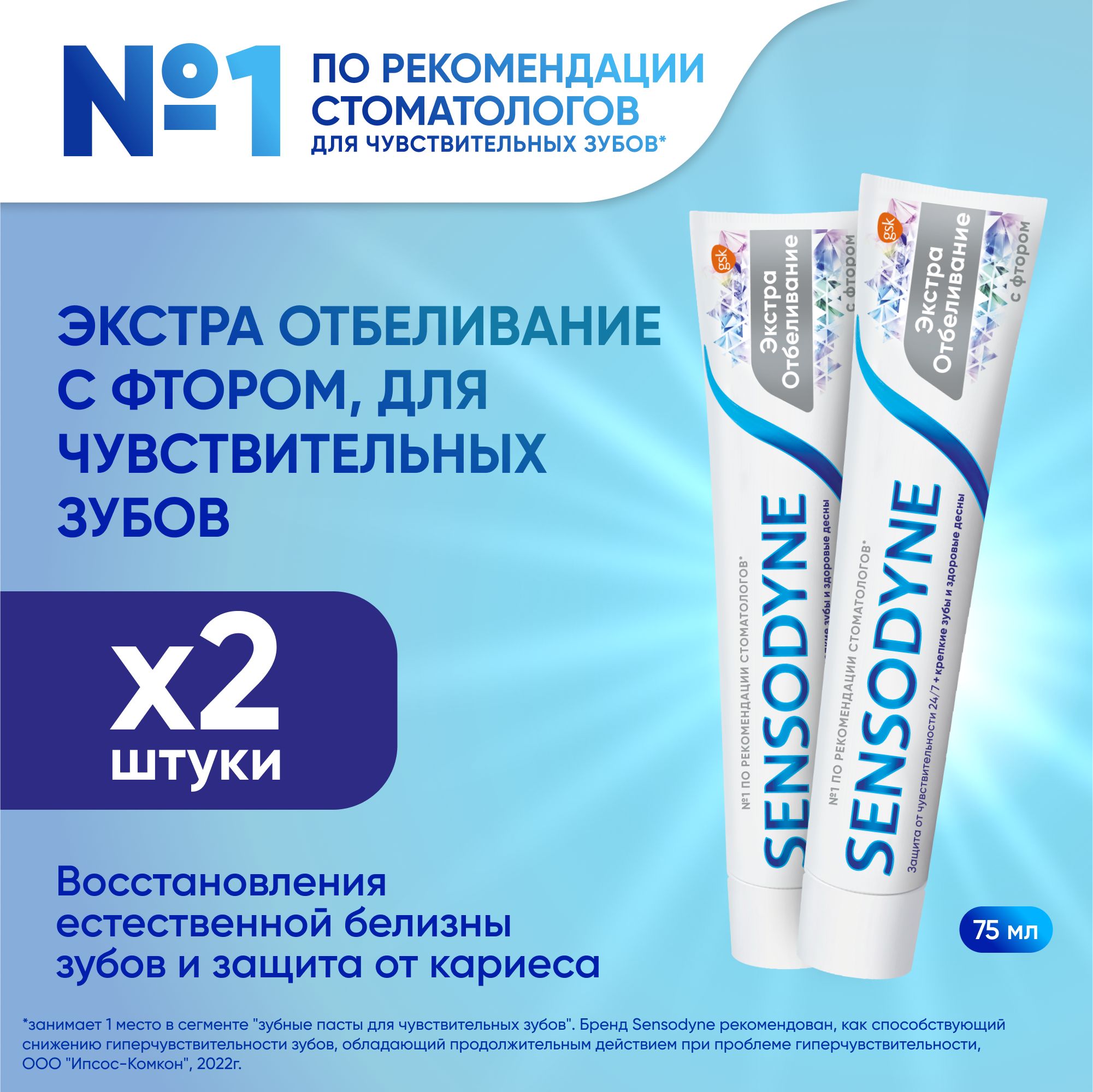 Зубная паста Sensodyne Экстра Отбеливание для чувствительных зубов с фтором, восстановления естественной белизны зубов и защиты от кариеса, 75 мл, 2 шт