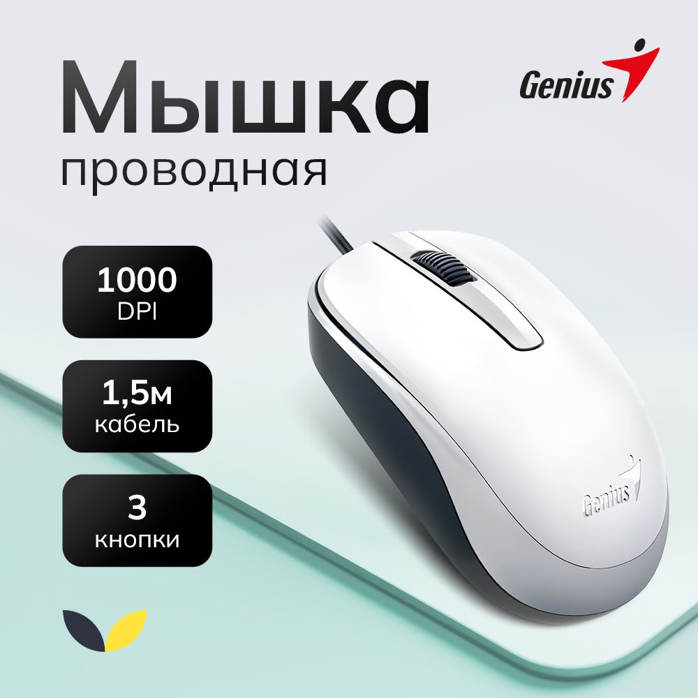 Genius Мышь проводная DX-120 (31010010401), USB, оптическая, разрешение 1000 DPI, белый