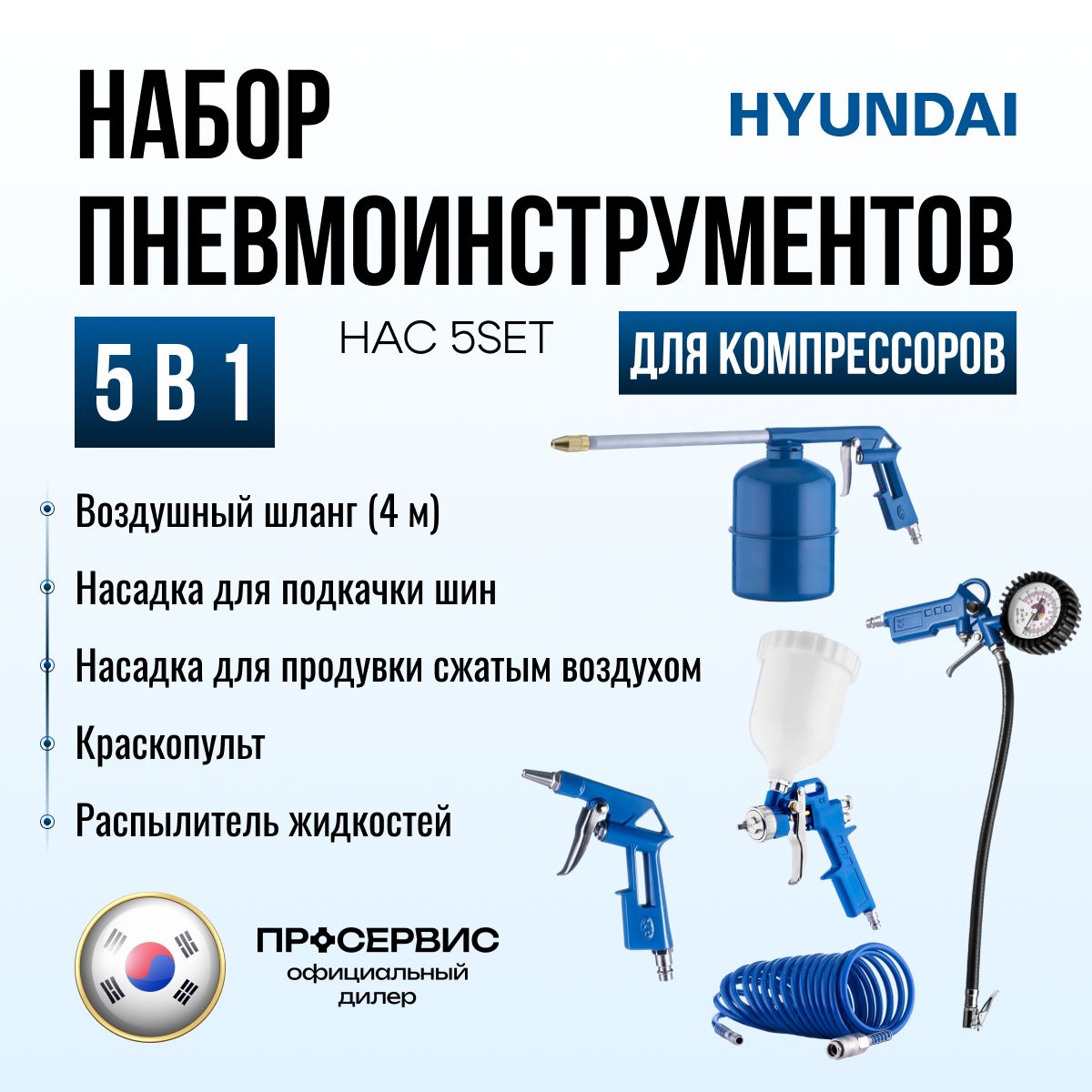 Набор пневматических инструментов для воздушного компрессора Hyundai HAC 5SET, 5 предметов для подкачки шин, работы с сжатым воздухом, распыления красок и жидкостей