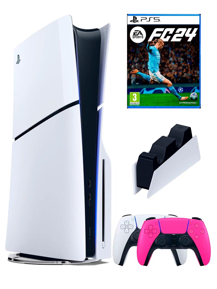 PS5 (ПС5) Игровая приставка Sony PlayStation 5 Slim +2-й геймпад(розовый)+зарядное+игра FIFA24, 1000ГБ