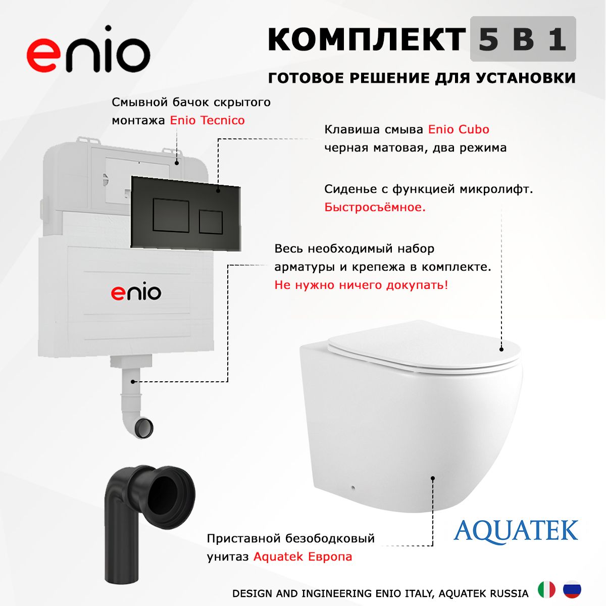 Комплект3в1смывнойбачокскрытогомонтажаEnioTecnico+УнитазприставнойАкватекЕвропаскнопкойчернойCubo