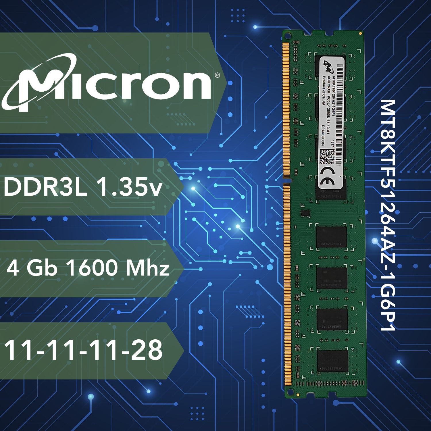 Micron Оперативная память DDR3 DIMM DDR3L 1.35V 1600Mhz для ПК 1x4 ГБ (MT8KTF51264AZ-1G6P1)