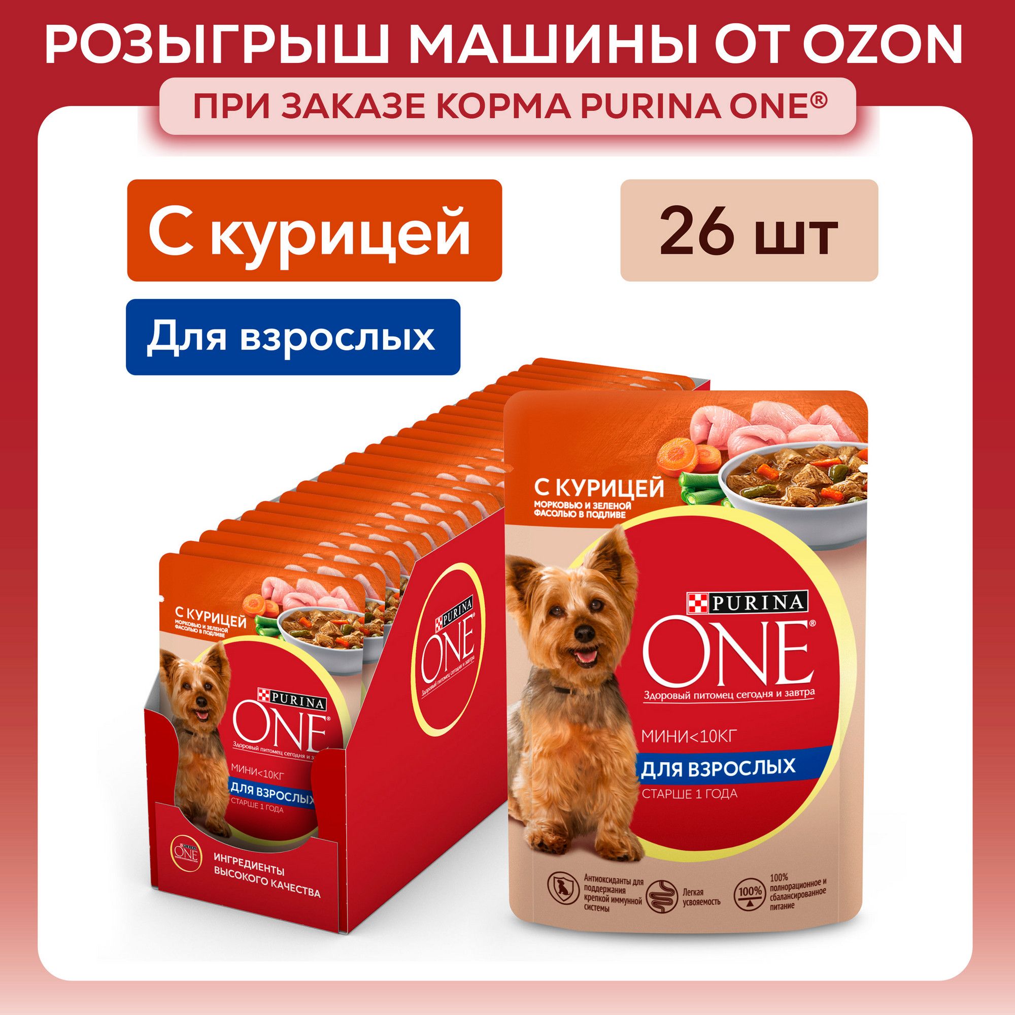 Влажный корм для собак Purina ONE МИНИ для мелких и карликовых пород, в подливе с курицей, морковью и зеленой фасолью, 85 г x 26 шт