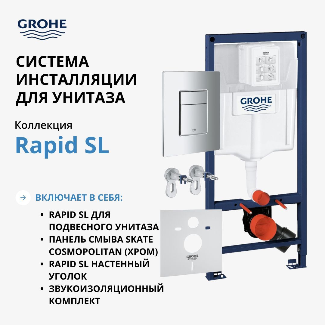 Система инсталляции для унитаза GROHE Rapid SL с панелью смыва Skate Cosmopolitan (3 режима), комплект 4-в-1 (1,13 м) (38775001)