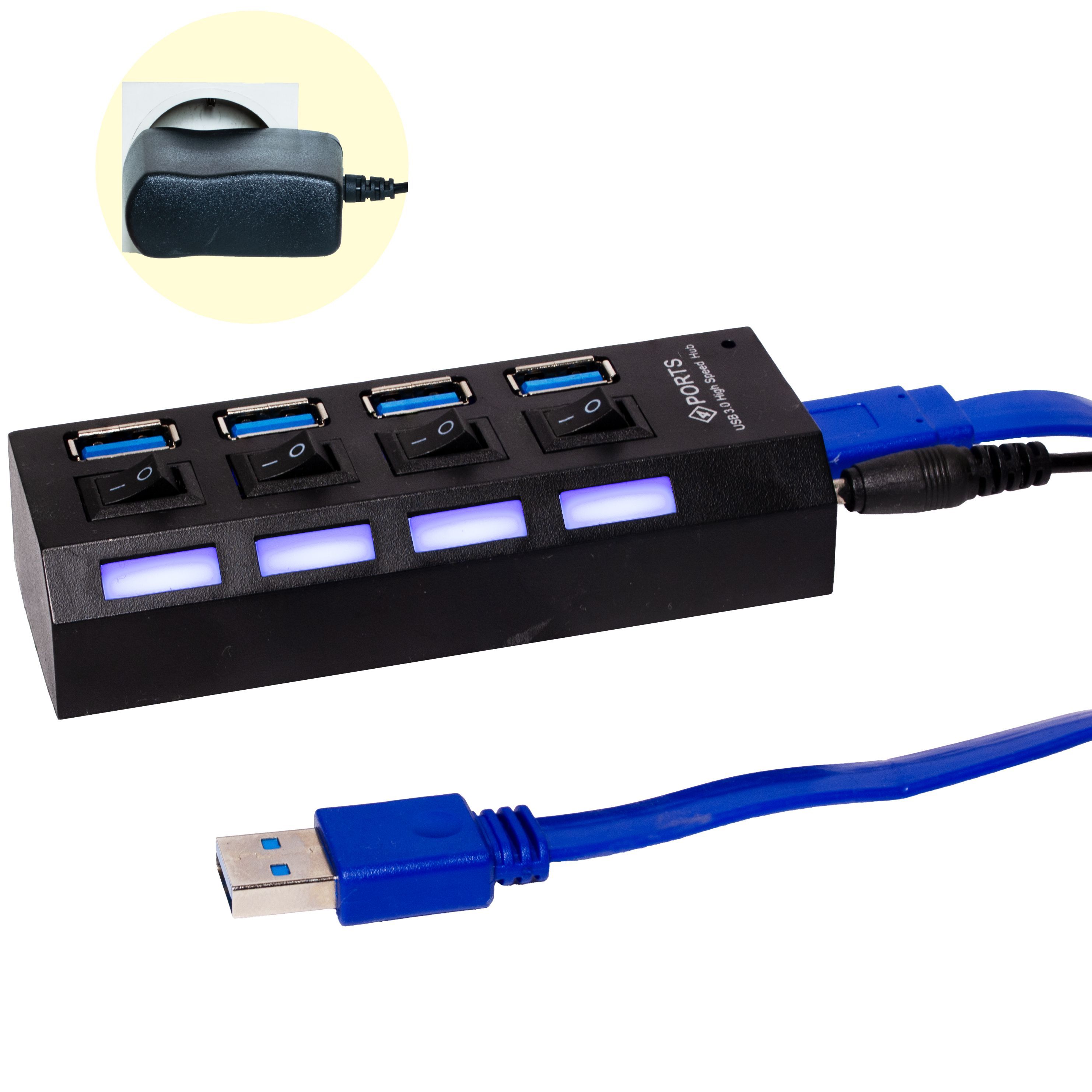 АктивныйUSB-концентратор(Хаб)на4портаспитаниемHRSAR-21на1xUSB3.0+3xUSB2.0ссетевымадаптером(50см)(USB3.0-AM/MicroBM)(Черный)