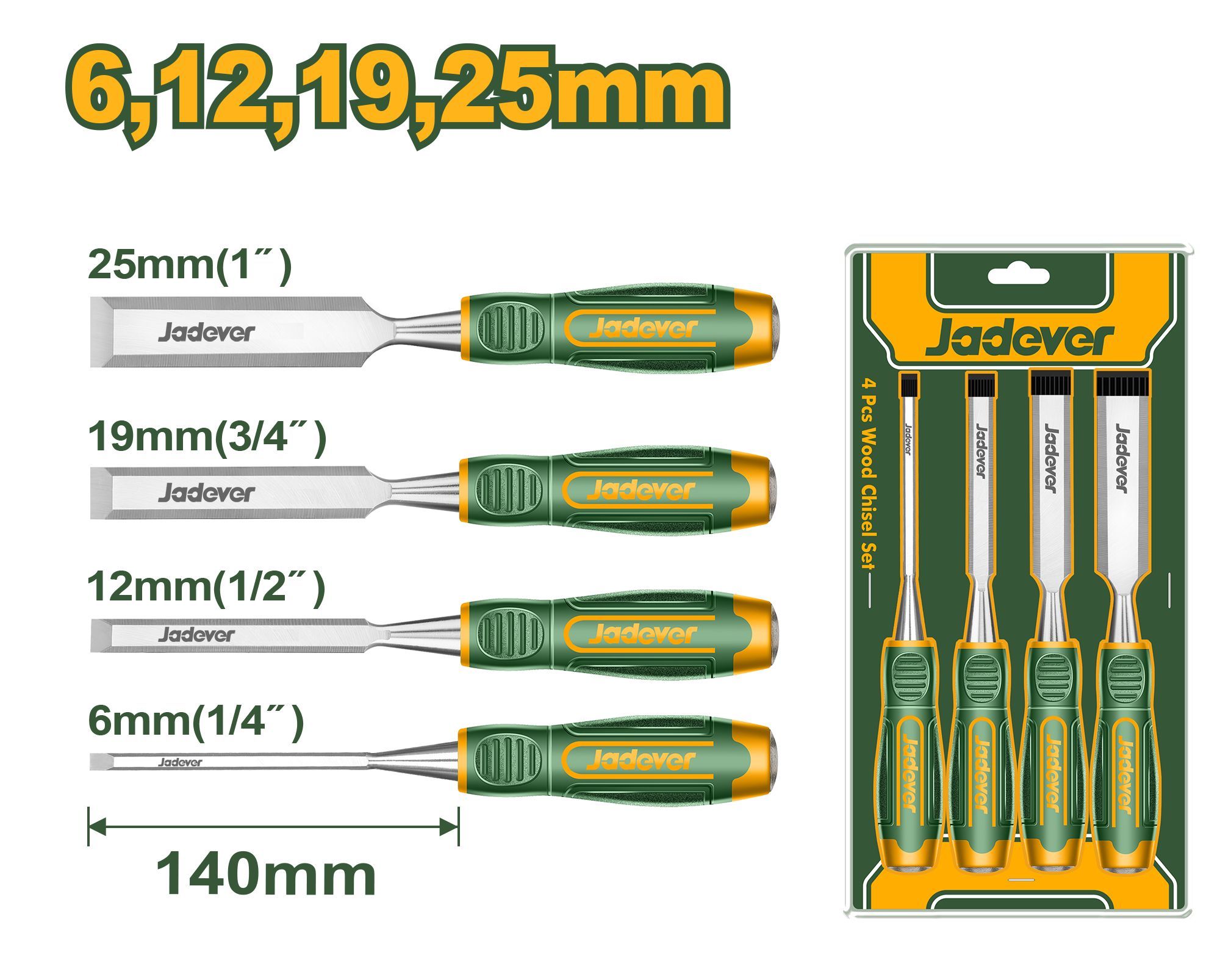 Набор стамесок 6 мм, 12 мм, 19 мм, 25 мм (4 шт) JADEVER JDWC2204