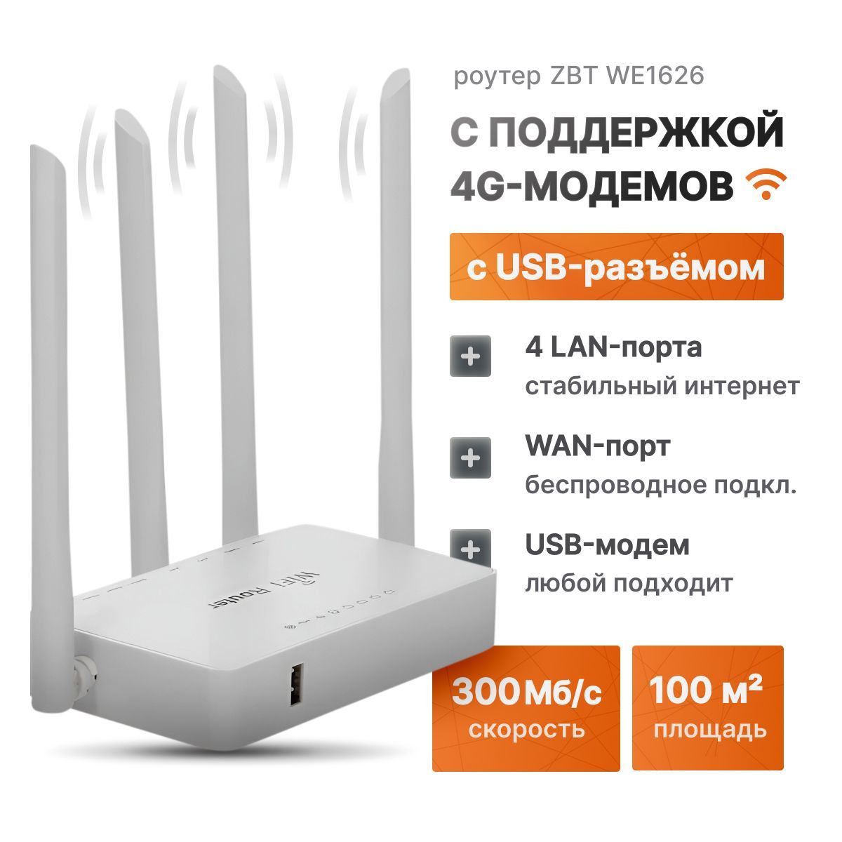 Роутер Wi-Fi ZBT WE1626 с поддержкой USB 4G модемов, 300 Мбит/с, маршрутизатор