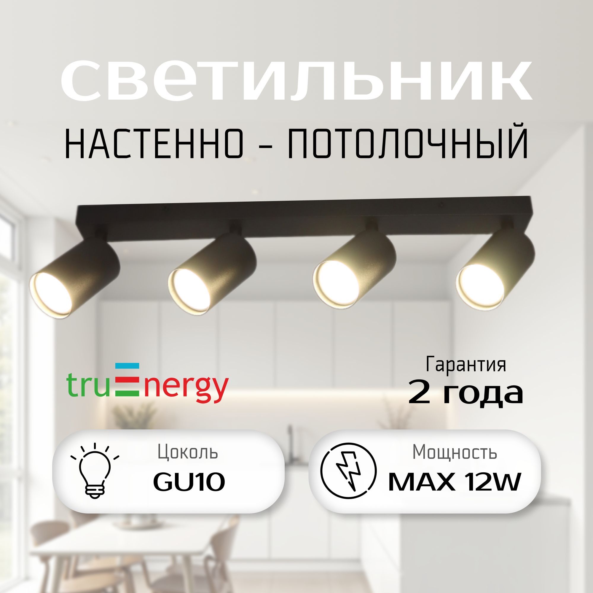 СветильникпотолочныйнастенныйGU10/Спотповоротныйна4лампы/ЧерныйtruEnergy