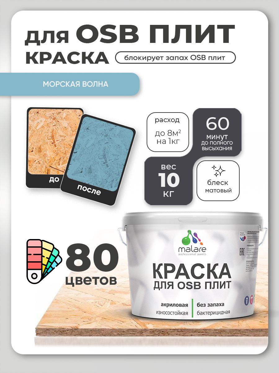 Акриловая краска для ОСБ плит Malare для дерева для наружных и внутренних работ, быстросохнущая без запаха матовая, морская волна, 10 кг