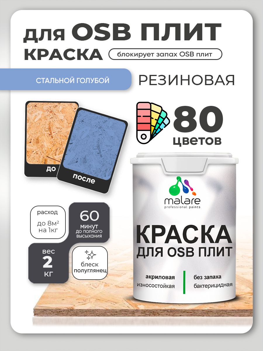 Резиновая краска для ОСБ плит Malare акриловая краска для дерева для наружных и внутренних работ, быстросохнущая без запаха полуглянцевая, стальной голубой, 2 кг