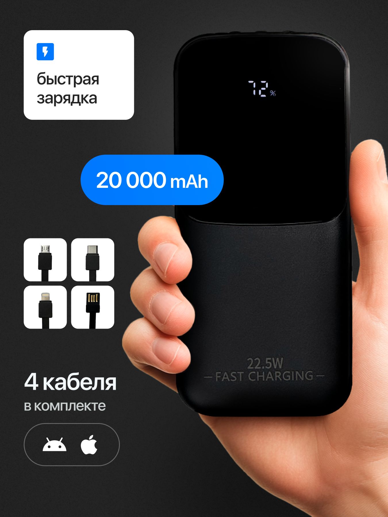 Портативныйвнешнийаккумулятор20000mah,универсальныйpowerbank22.5Wдлясмартфона,зарядноеустройствосбыстройзарядкой