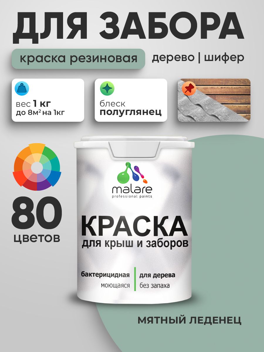 Резиновая краска Malare для деревянного забора/ по дереву для наружных и внутренних работ/ быстросохнущая моющаяся без запаха полуглянцевая, мятный леденец, 1 кг.