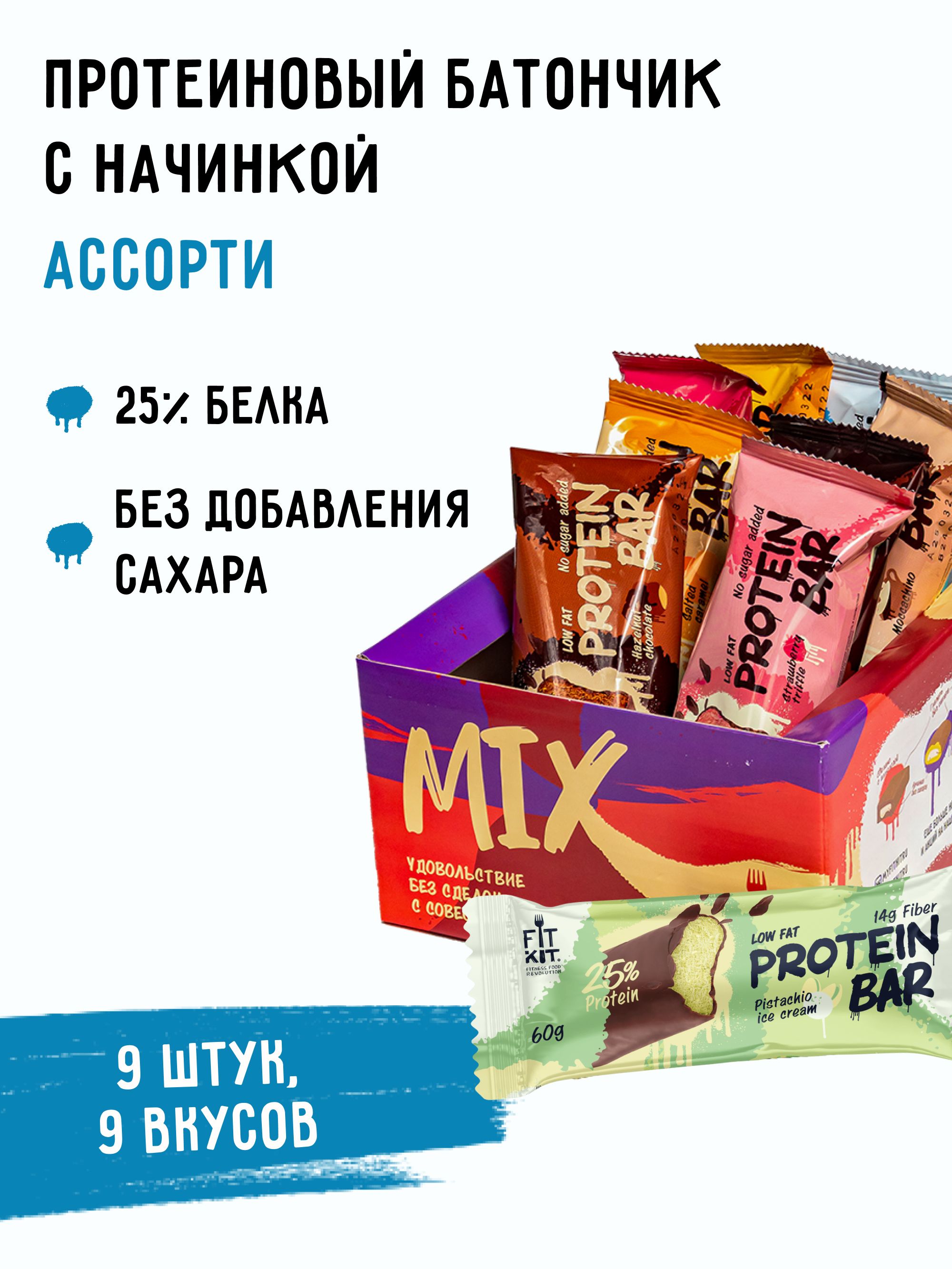 FITKIT/ПротеиновыебатончикибезсахараProteinBarАССОРТИИ9штх60г