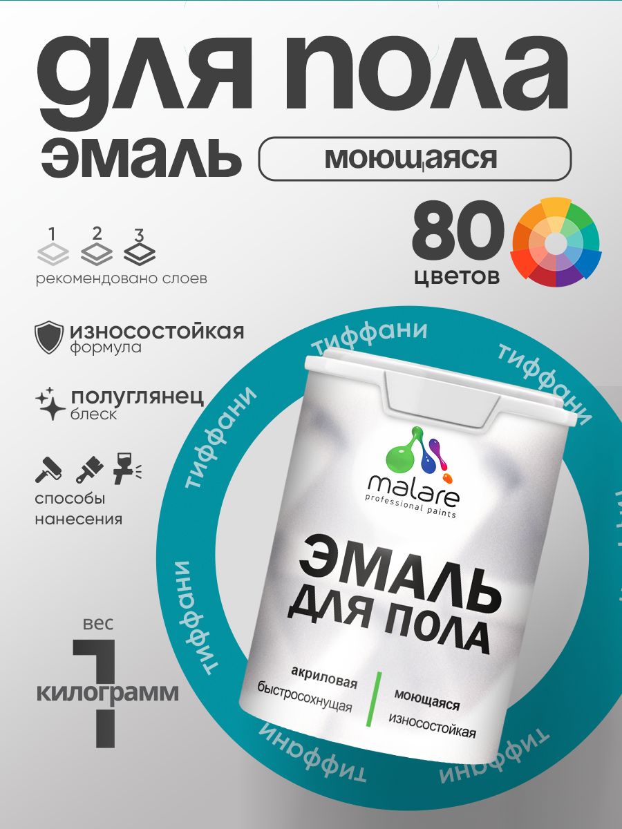 Эмаль для пола акриловая Malare краска для бетонных полов по дереву/ износостойкая без запаха, быстросохнущая моющаяся полуглянцевая, тиффани, 1 кг