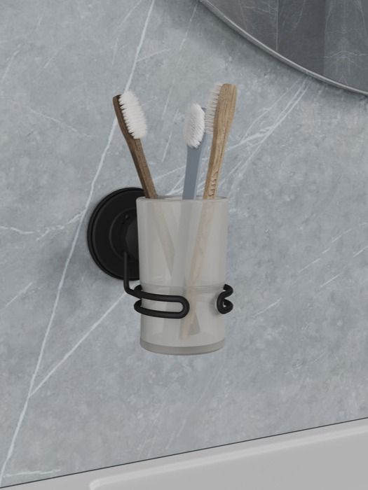 Фото товара на маркетплейсе ozon Стакан для зубных щеток, настенный, самоклеющийся, черный, матовое стекло, Milardo, Easy, EASBWSGM45