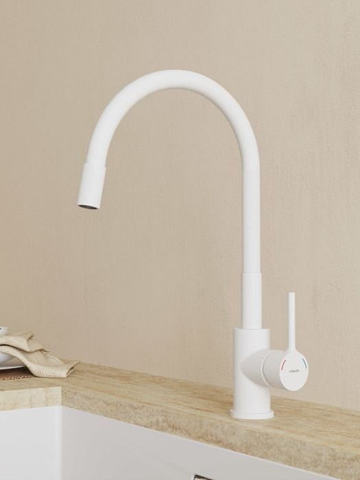 Фото товара на маркетплейсе ozon Смеситель для кухни с гибким изливом, белый матовый, Meal, Milardo, M01WT0FM05