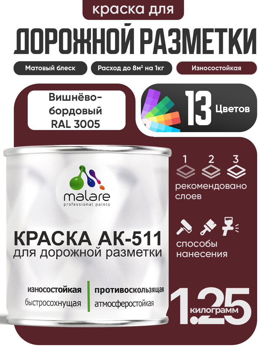 ДорожнаякраскаАК-511Malareдлядорожнойразметки,краскадляполапобетону,износостойкая,быстросохнущая,матоваяRAL3005,вишнево-бордовый,1,25кг
