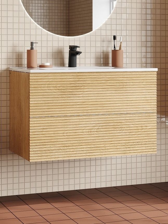 Фото товара на маркетплейсе ozon Тумба для ванной подвесная, с ящиками, 80 см, дуб светлый, Bild, IDDIS, BIL80V0i95 (подходит раковина 0138000i28)