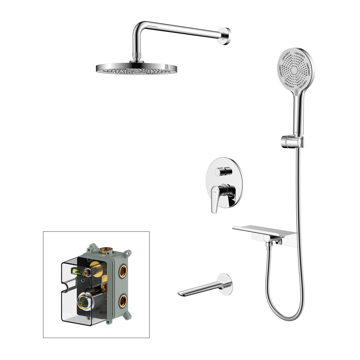 Фото товара на маркетплейсе ozon Душевая система скрытого монтажа с тропическим и ручным душем, изливом, глянцевый хром, Milardo, Dale, DALSB03M68