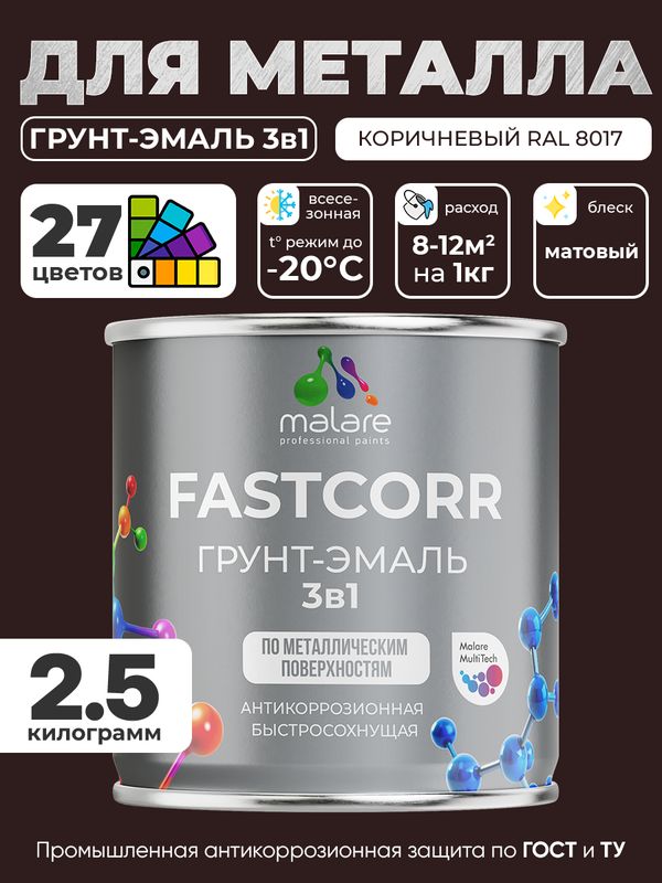 Грунт-эмаль по ржавчине 3 в 1 Malare FastCorr краска для металла, антикоррозионная износостойкая быстросохнущая RAL 8017, коричневый, матовая, 2,5 кг.